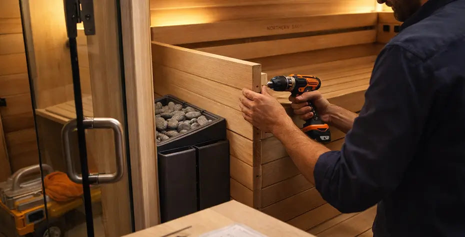 A Man Constructing A Sauna Room, Screwing a bench support slat