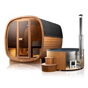 Equinox Outdoor Cube Sauna With Huum Drop WIFI Heater & Scandinavian Wood-Burning Hot Tub Bundle