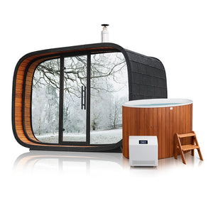 Echo Round Cube Outdoor Sauna With Huum Hive Mini WIFI Heater & Wood-Fired Hot Tub Bundle