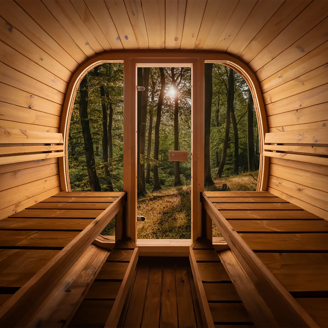 Custom Thermo-Pine Outdoor Sauna Overlooking a lush green forest
