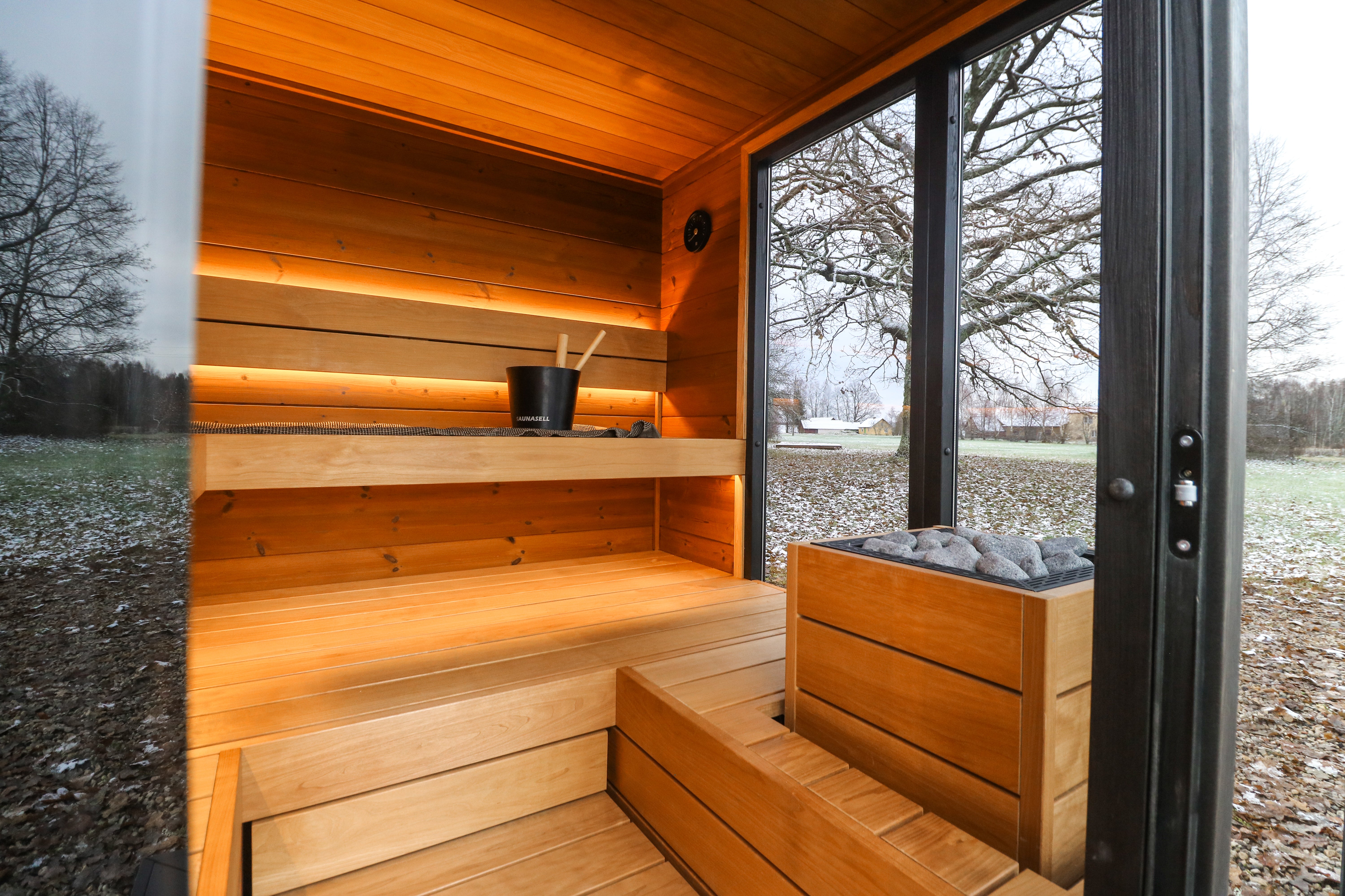 Thermo-Alder Wood Sauna Interior - Rich Dark Sugar Tone with Very Smooth Surface