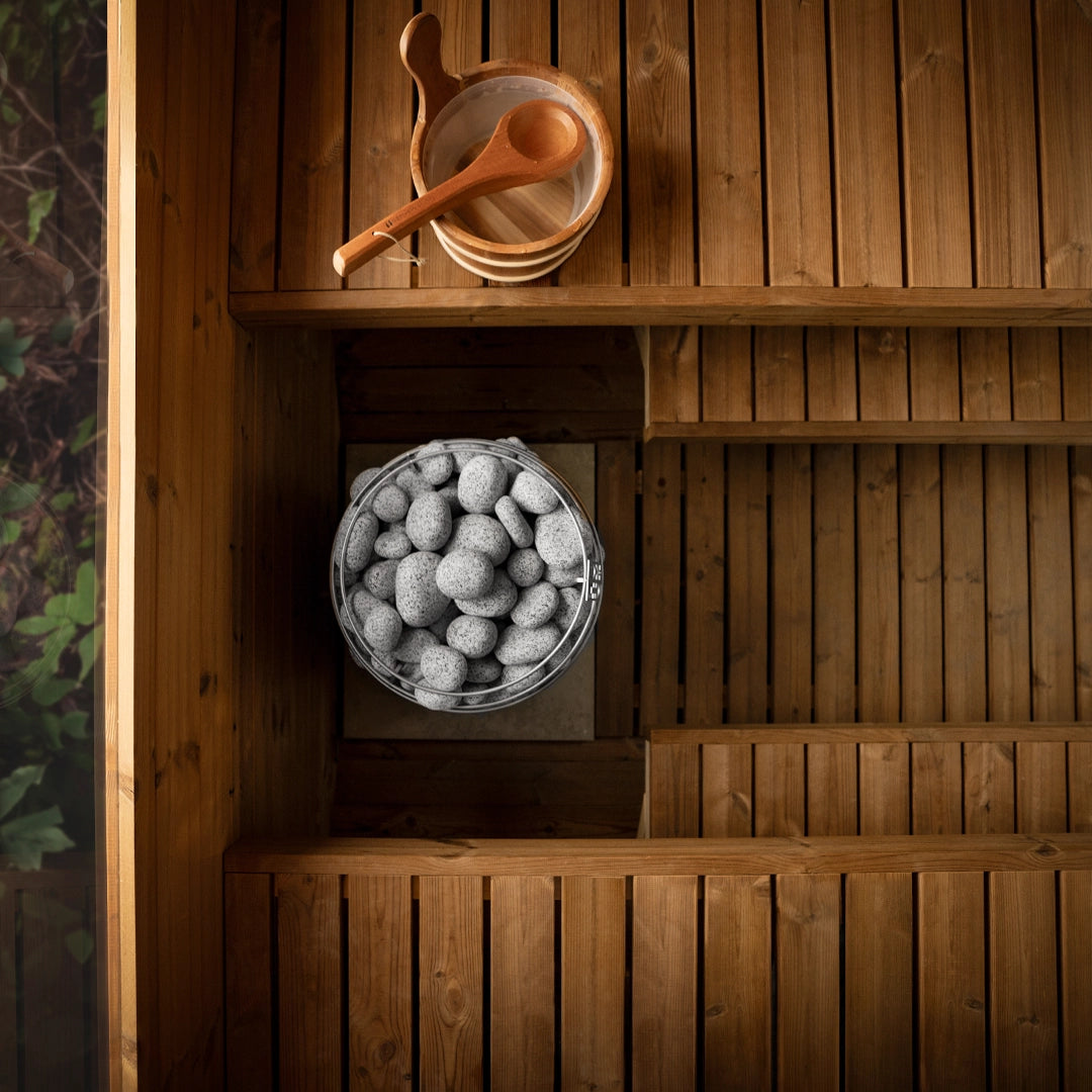 Top View of the benches in a Thermo-Pine Barrel Sauna With two levels of benches